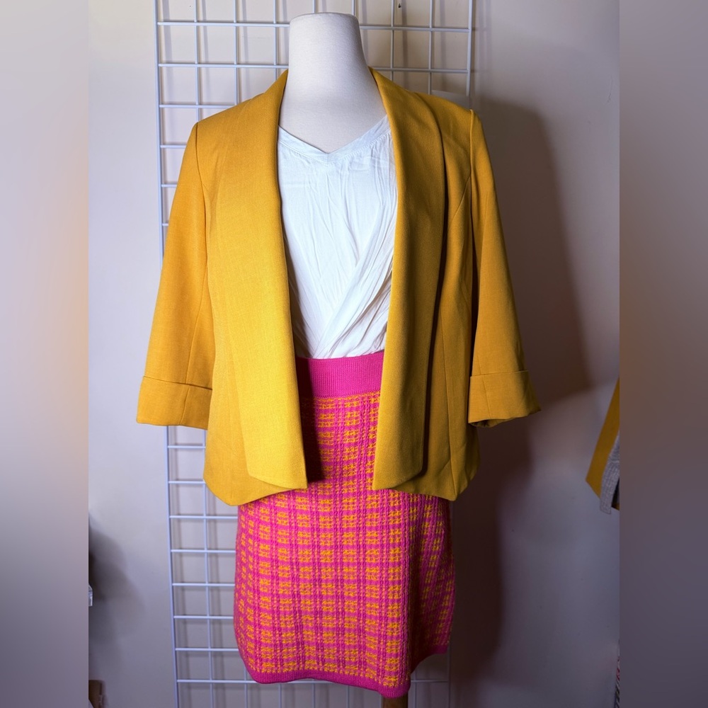 Kasper Mustard Yellow Open Blazer, Rayon T-shirt, Free Assembly Pink Tweed Skirt
